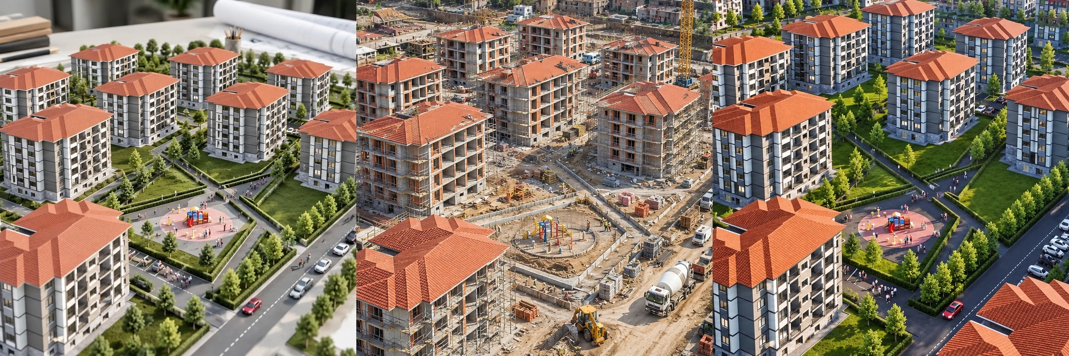 Bergama Konutları — İnşa Süreci. Temsili inşaat aşaması · Yapay zekâ ile oluşturuldu
