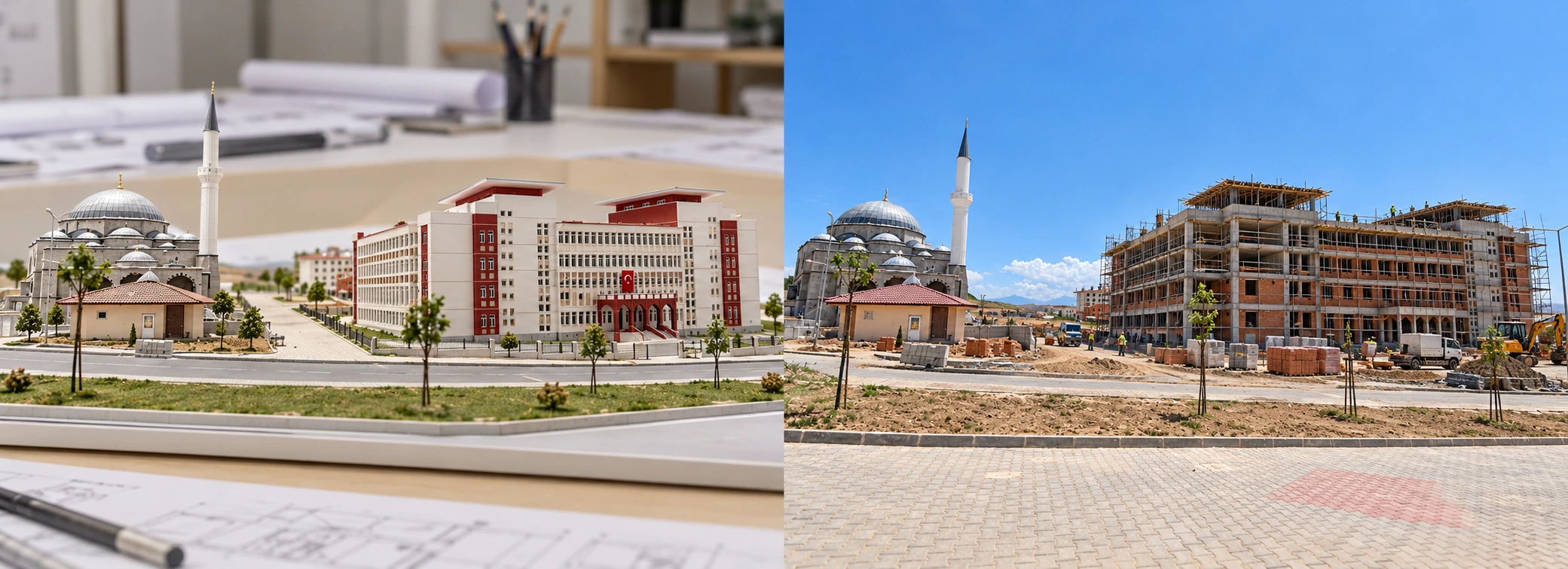 Edremit Eğitim Yapısı — İnşa Süreci. Temsili inşaat aşaması · Yapay zekâ ile oluşturuldu